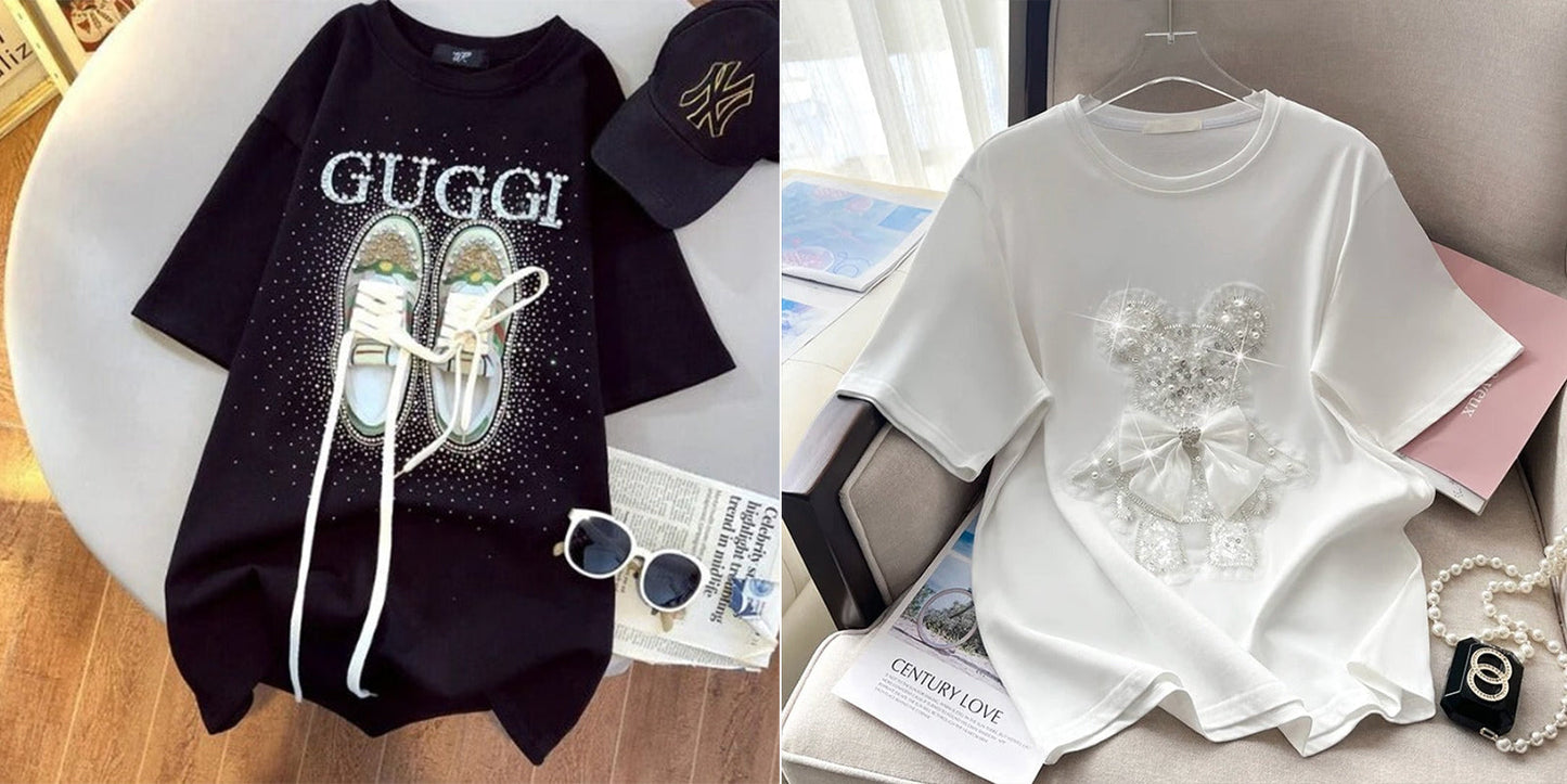 Imported Women T-Shirt (Guggi Black + White Bear)