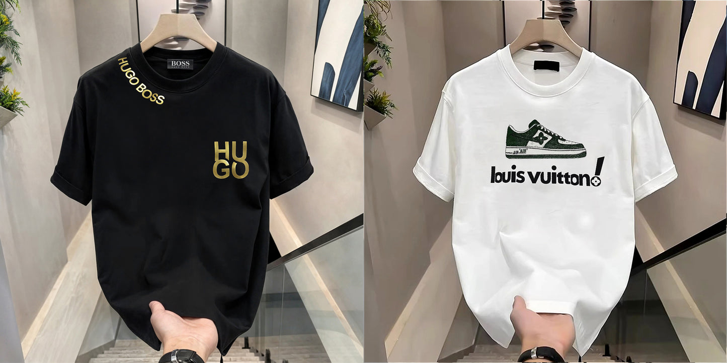 Men's Brand Premium Selling T-Shirt (BD-HB Gold +LV Shoe)