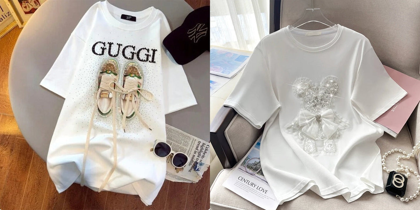 Imported Women T-Shirt (Guggi White+ White Bear)
