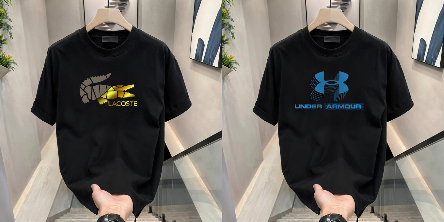 Men's Brand Premium Selling T-Shirt (BD-BLUE ARMOUR+LACOSTE GOLD)