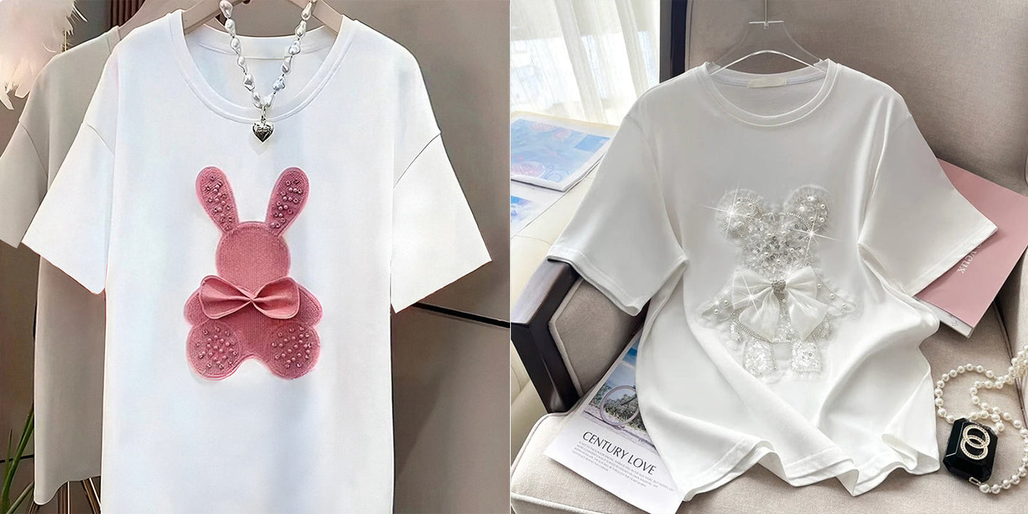 Imported Women T-Shirt (Pink Bear+ White Bear)
