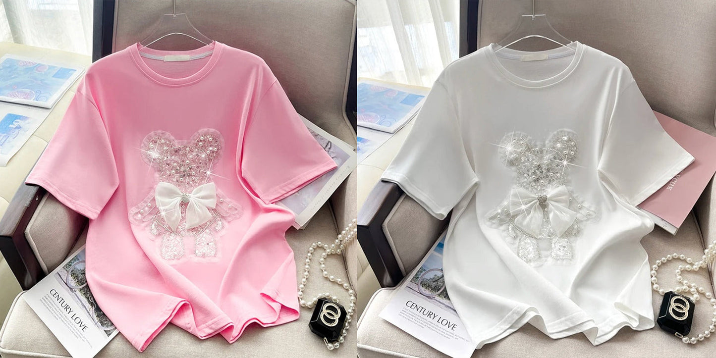 Imported Women T-Shirt (White Bow Pink+ White Bear)