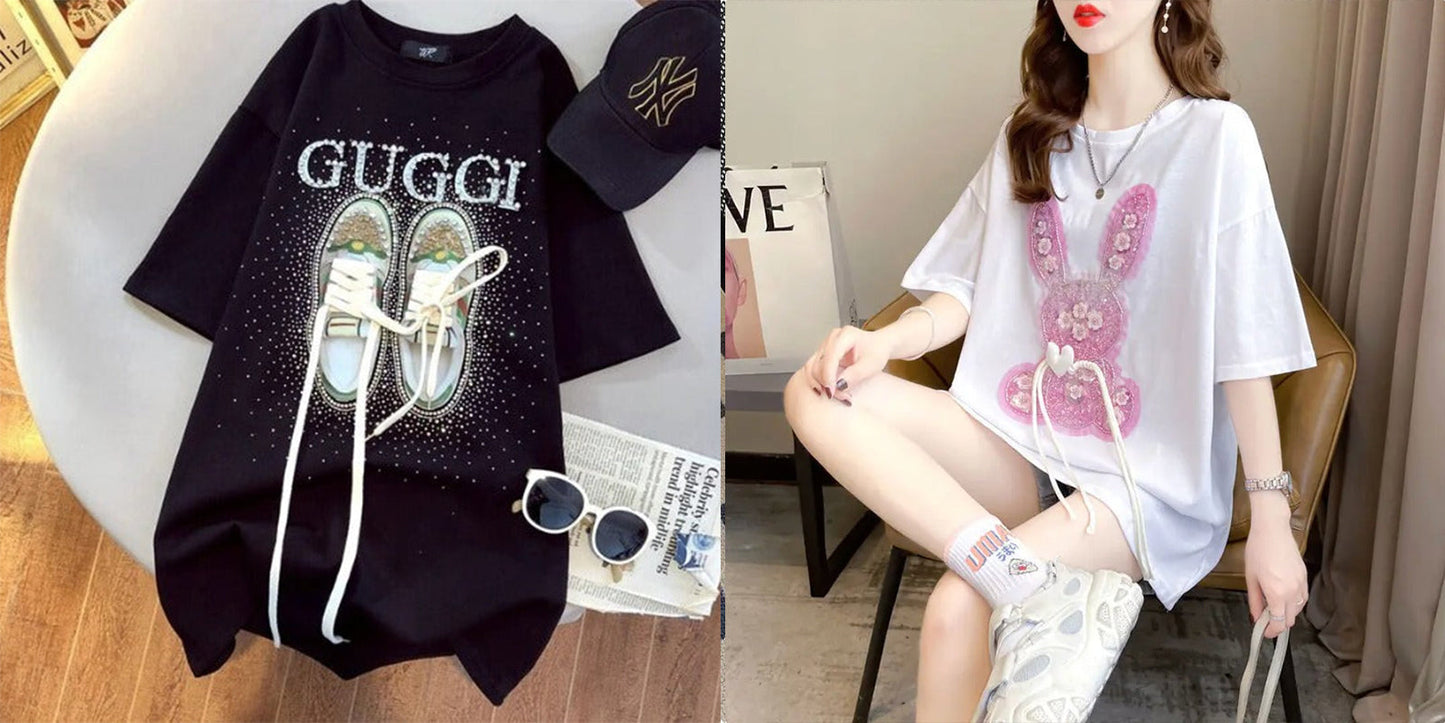 Imported Women T-Shirt (Guggi Black + Red Flower Bear)