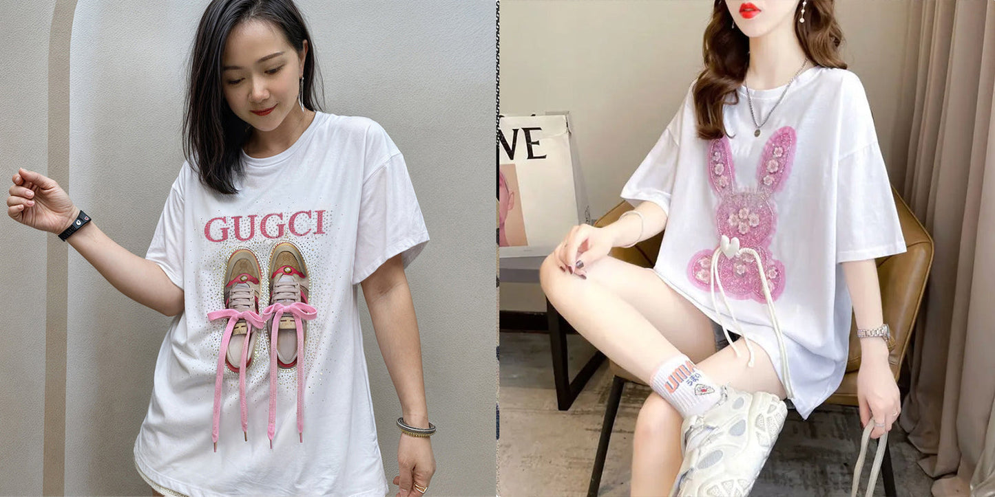 Imported Women T-Shirt (Gugci + Red Flower Bear)