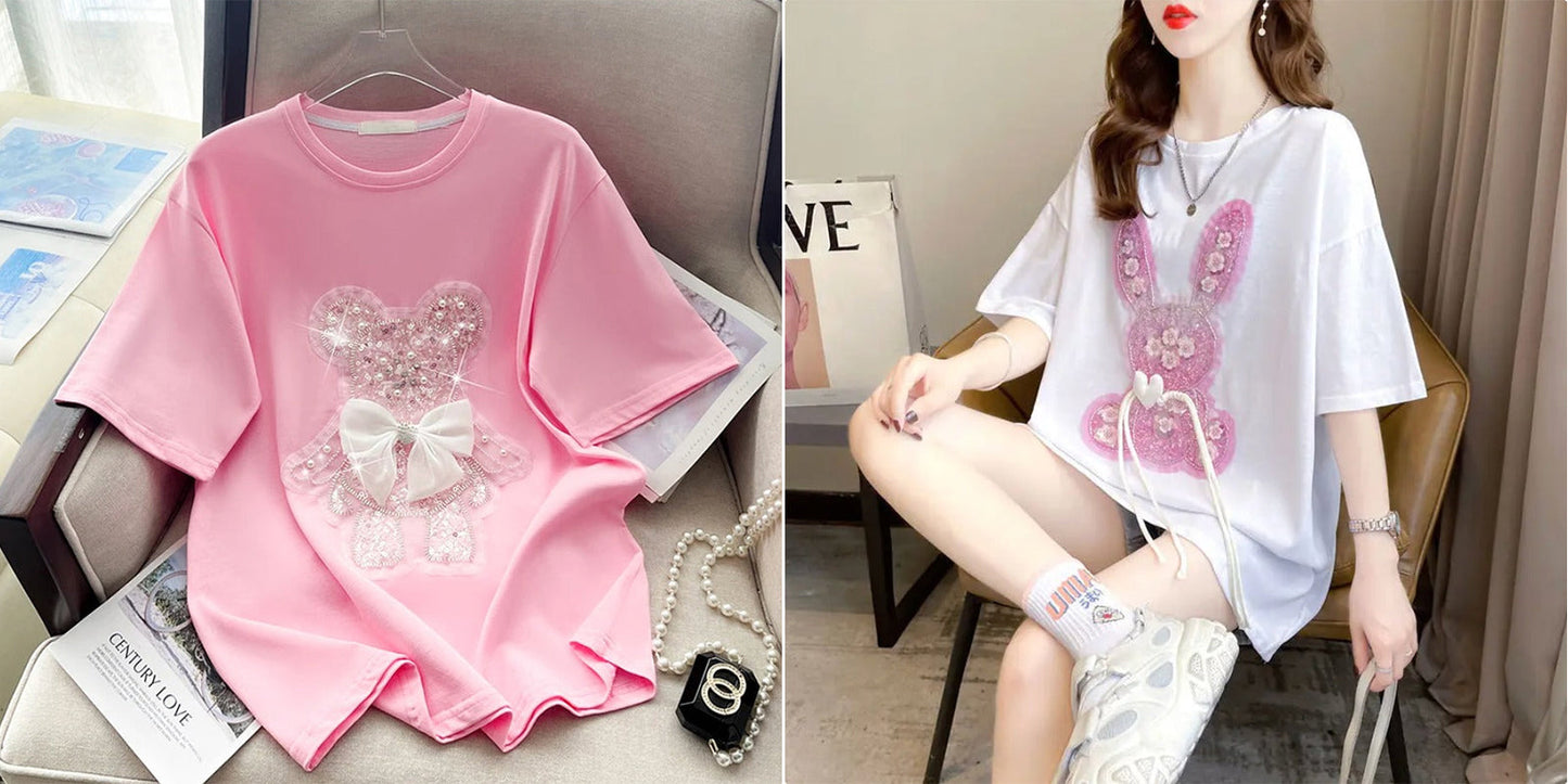 Imported Women T-Shirt (White Bow Pink+ Red Flower Bear)