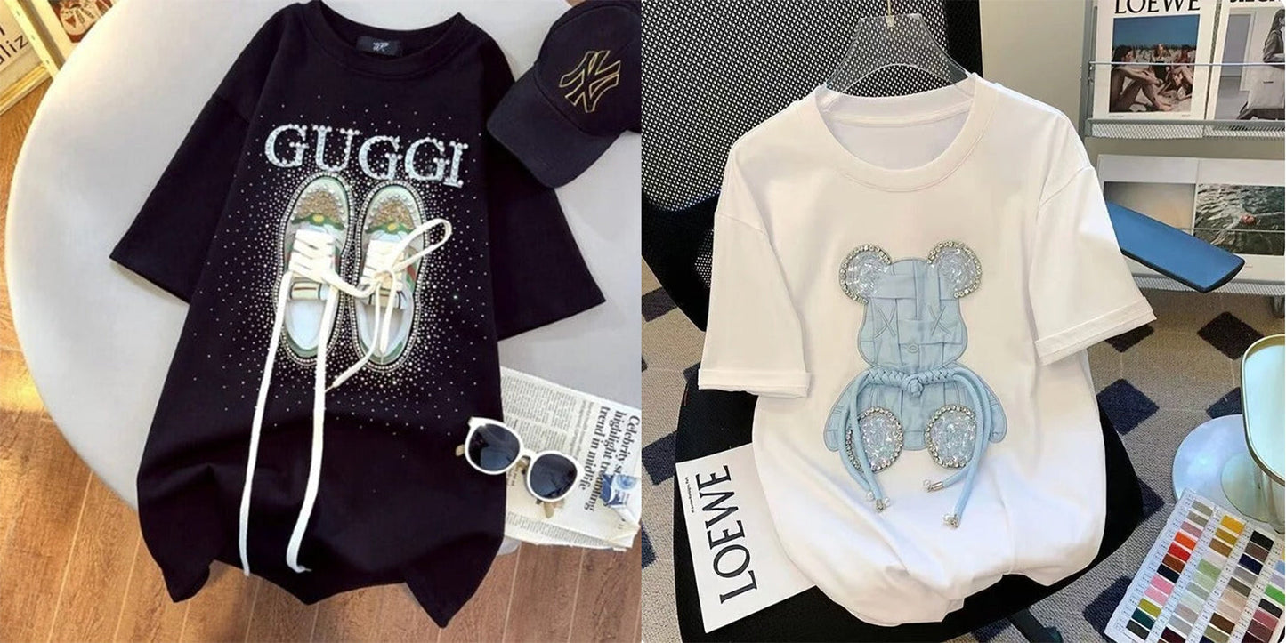Imported Women T-Shirt (Sky Blue Bear + Guggi Black)