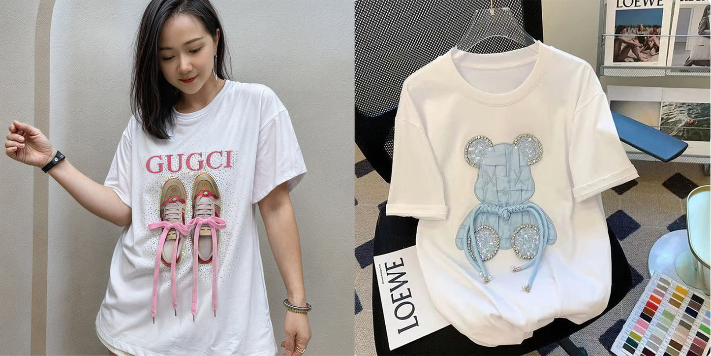 Imported Women T-Shirt (Sky Blue Bear + Gugci)