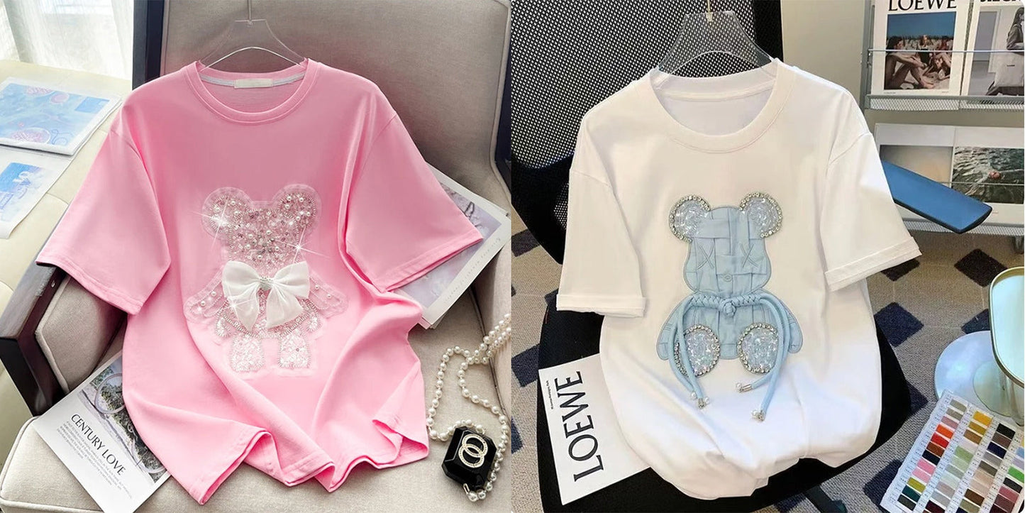 Imported Women T-Shirt (Sky Blue Bear + White Bow Pink)