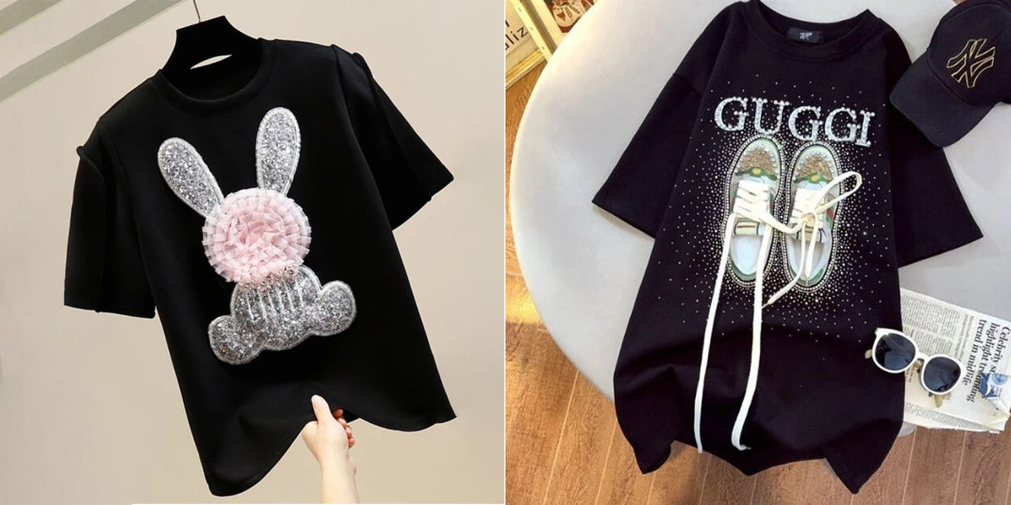 Imported Women T-Shirt (Guggi Black + Silver Bear Black)