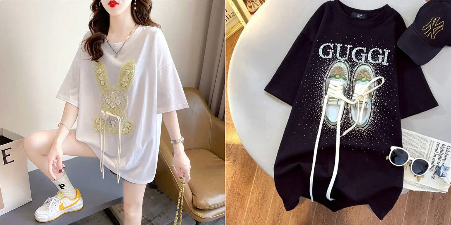 Imported Women T-Shirt (Guggi Black + Yellow Flower Bear)