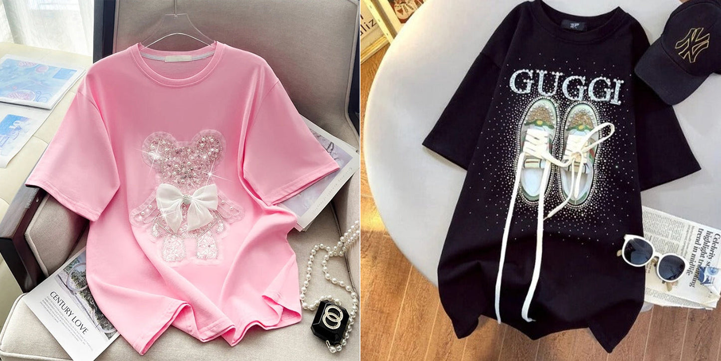 Imported Women T-Shirt (Guggi Black + White Bow Pink)