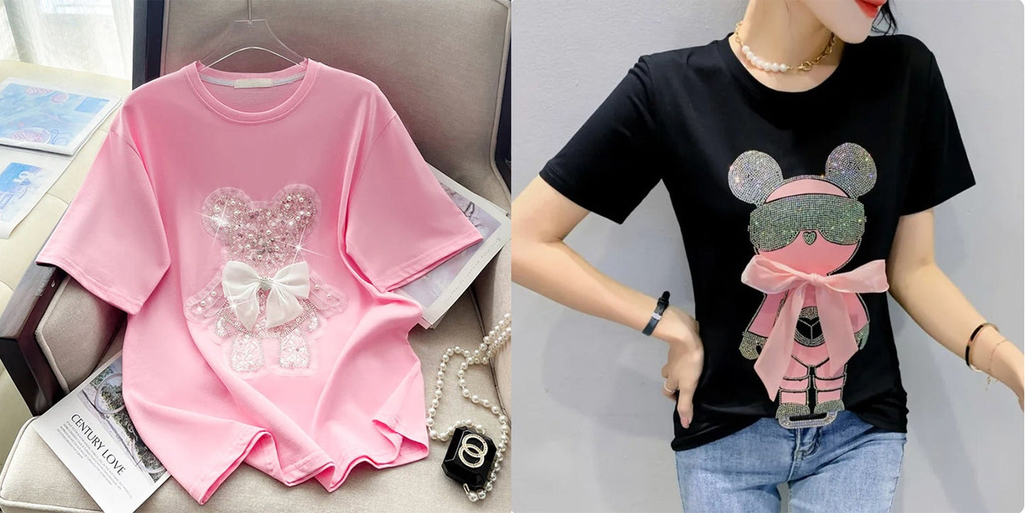 Imported Women T-Shirt (White Bow Pink+ Bow Bear)