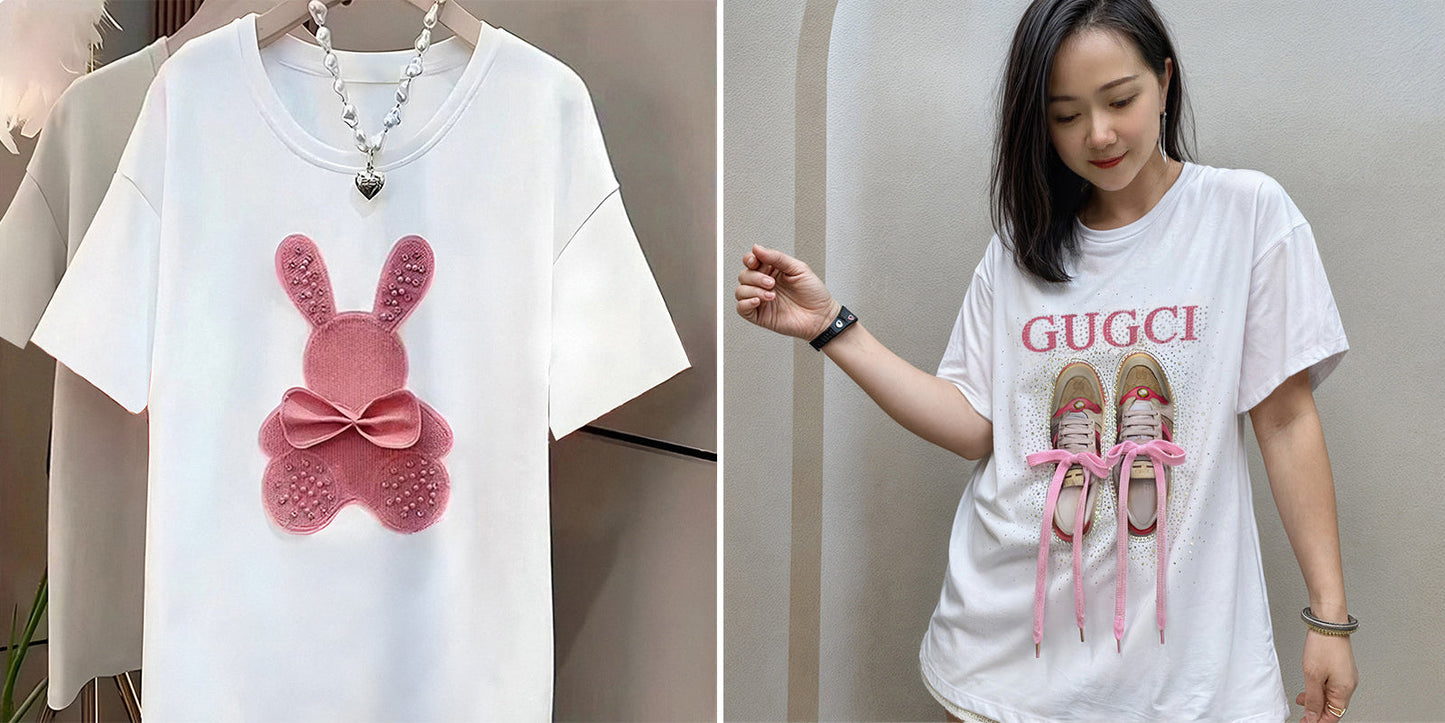 Imported Women T-Shirt (Pink Bear + Gugci)