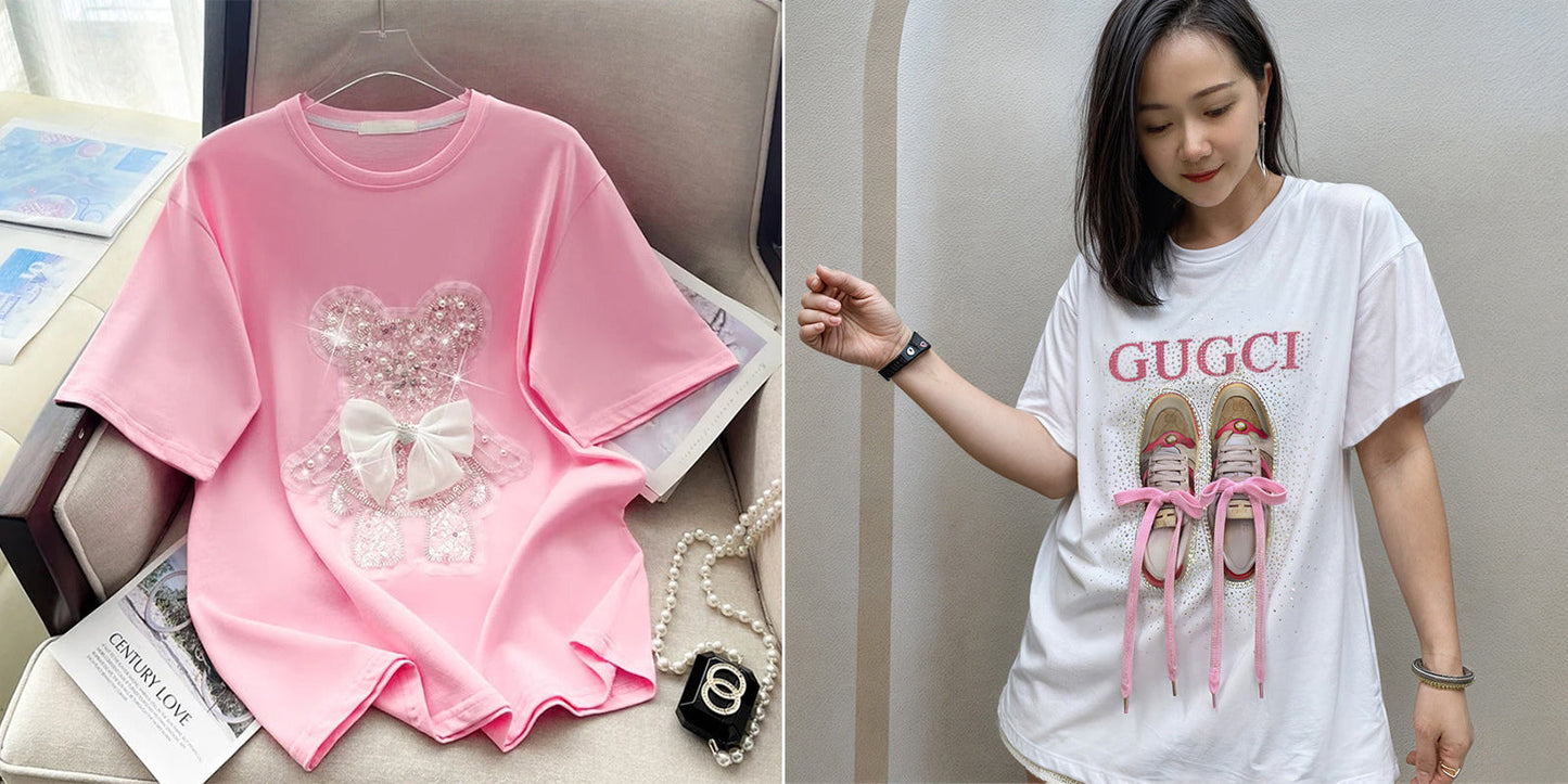 Imported Women T-Shirt (White Bow Pink + Gugci)