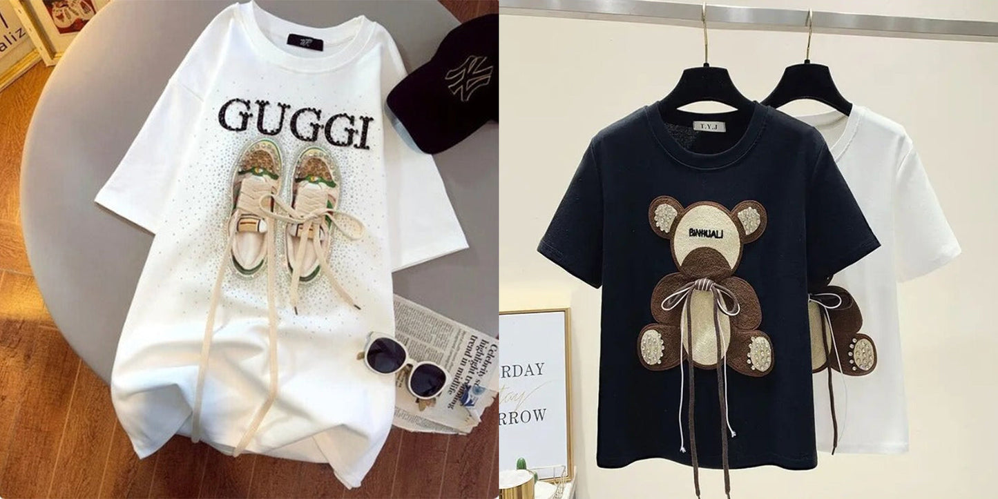 Imported Women T-Shirt (Guggi White + Brown Bear)