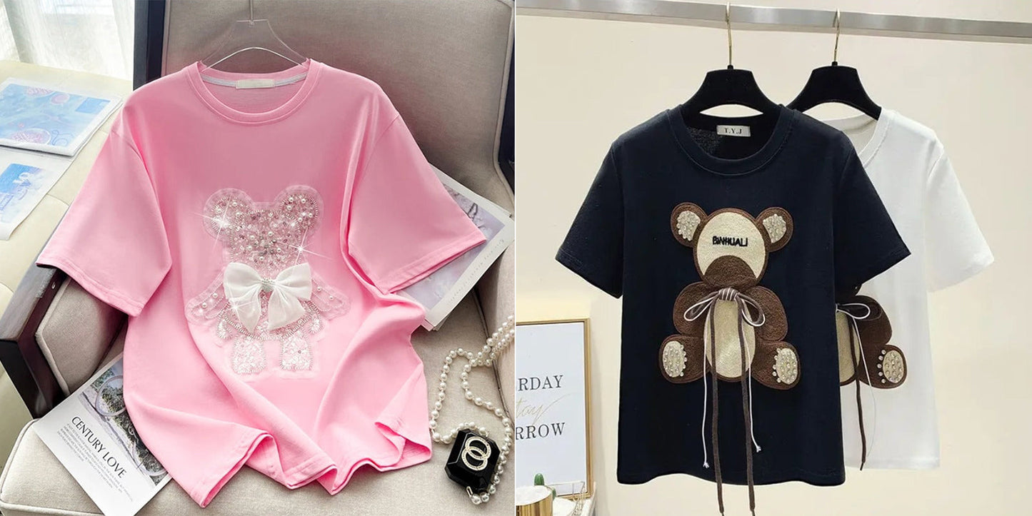 Imported Women T-Shirt (White Bow Pink + Brown Bear)
