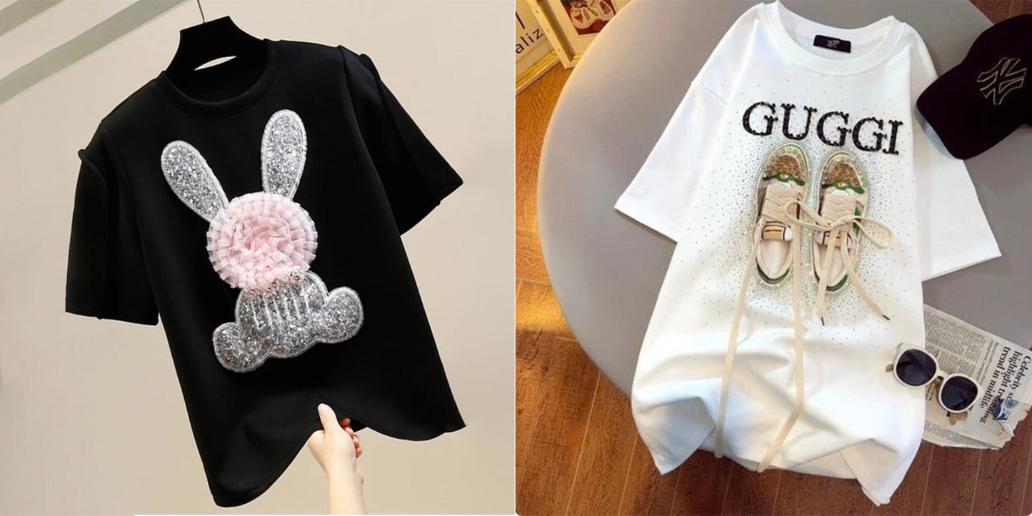 Imported Women T-Shirt (Silver Bear Black+ Guggi White)