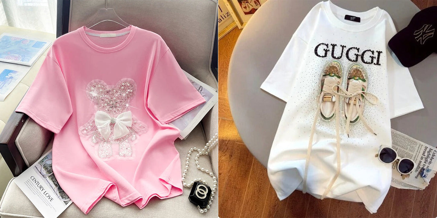 Imported Women T-Shirt (White Bow Pink+ Guggi White)