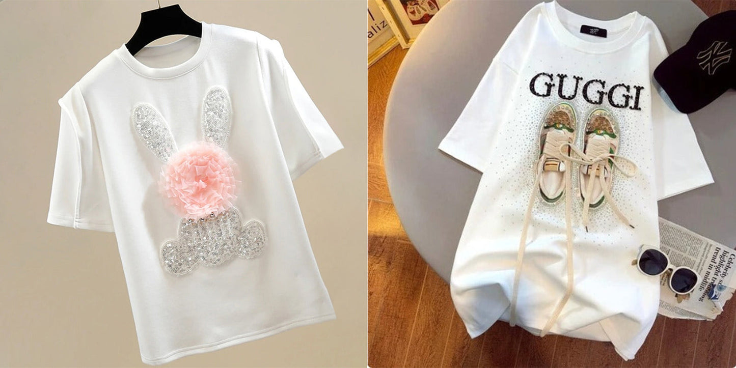 Imported Women T-Shirt (Silver Bear White+ Guggi White)
