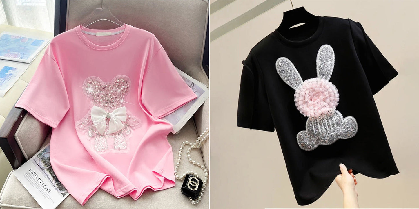 Imported Women T-Shirt (Silver Bear Black+ White Bow Pink)