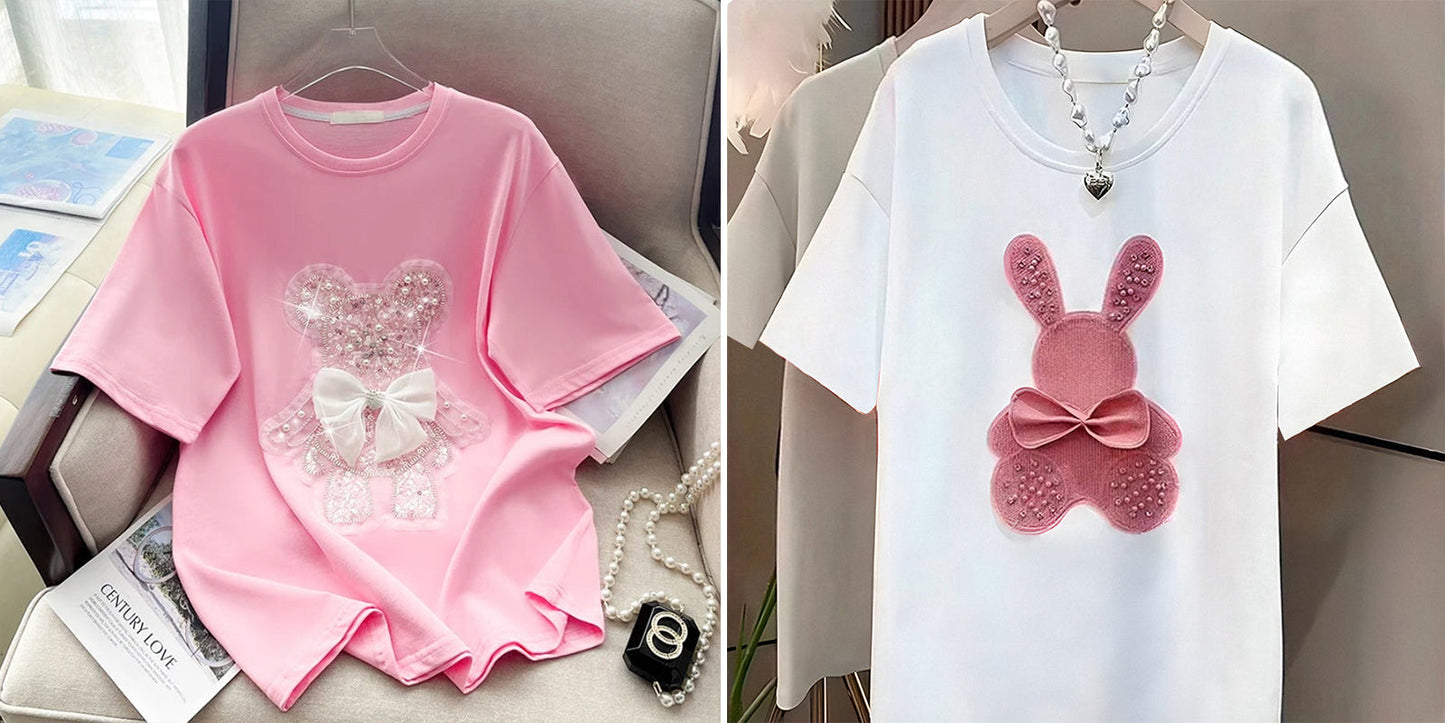 Imported Women T-Shirt (White Bow Pink+ Pink Bear)
