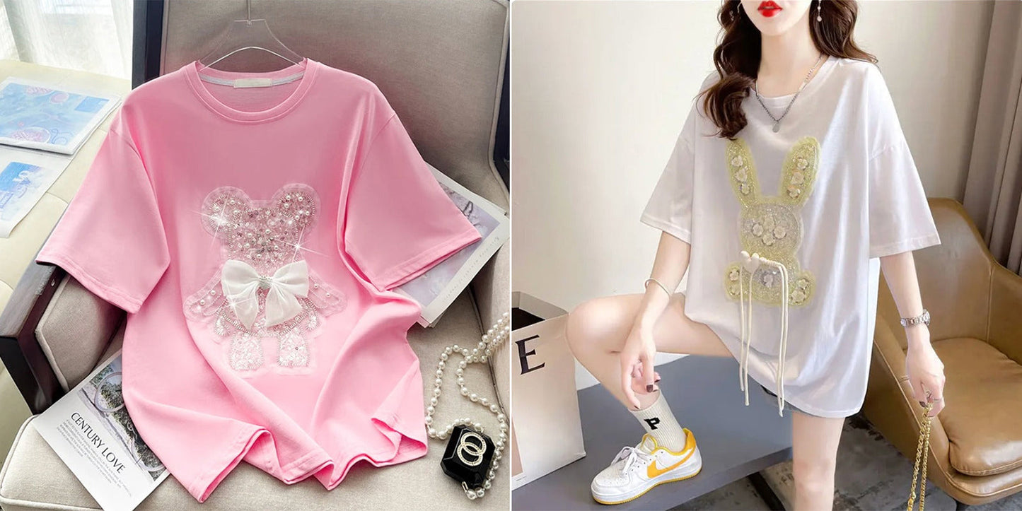 Imported Women T-Shirt (White Bow Pink + Yellow Flower Bear)