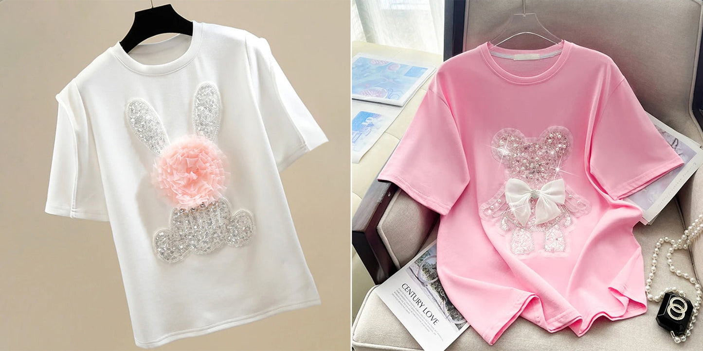 Imported Women T-Shirt (Silver Bear White+ White Bow Pink)