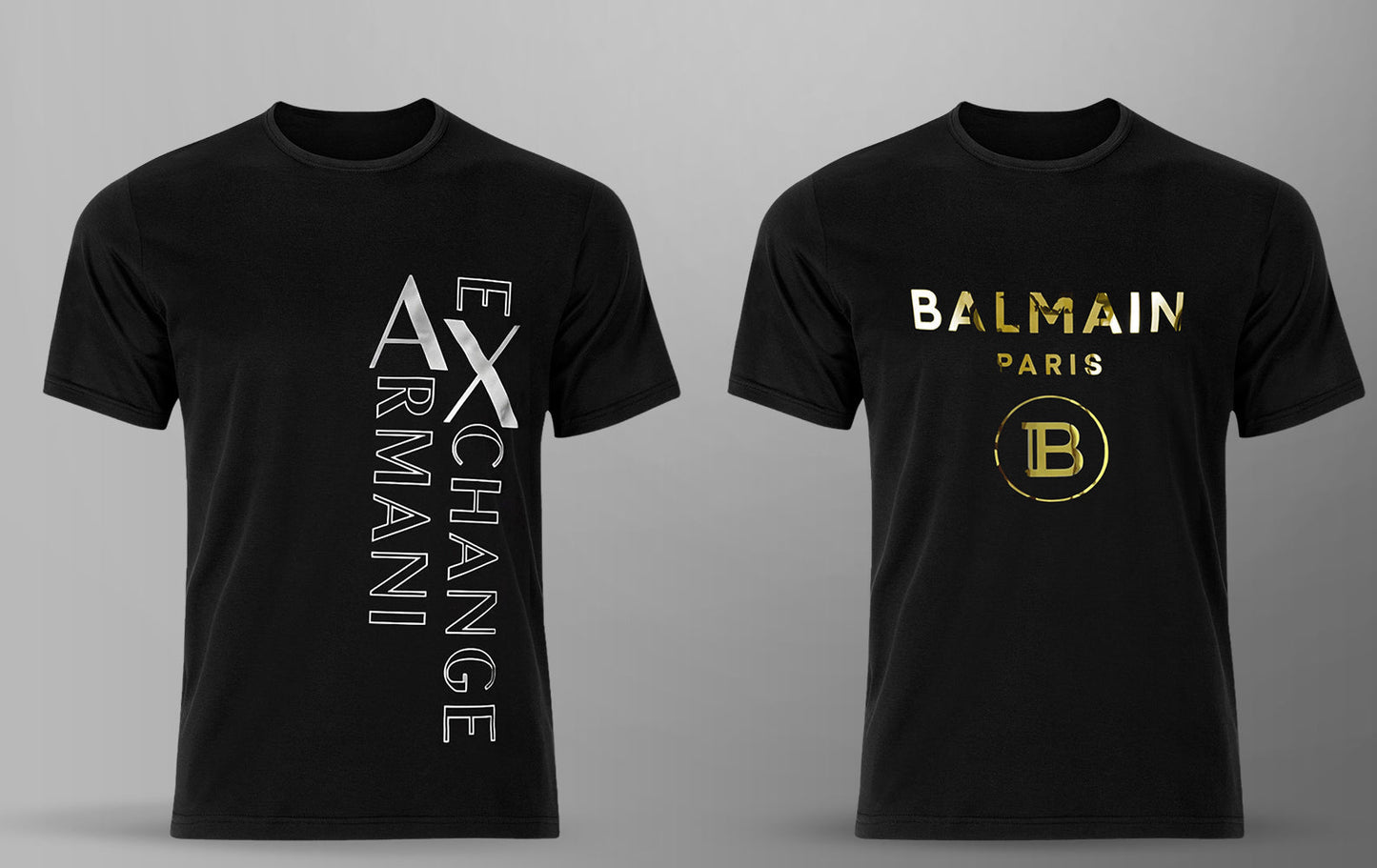 Men's Premium Selling T-shirt (BD-ARMANI EXCHANGE SILVER + BALMAIN GOLD)