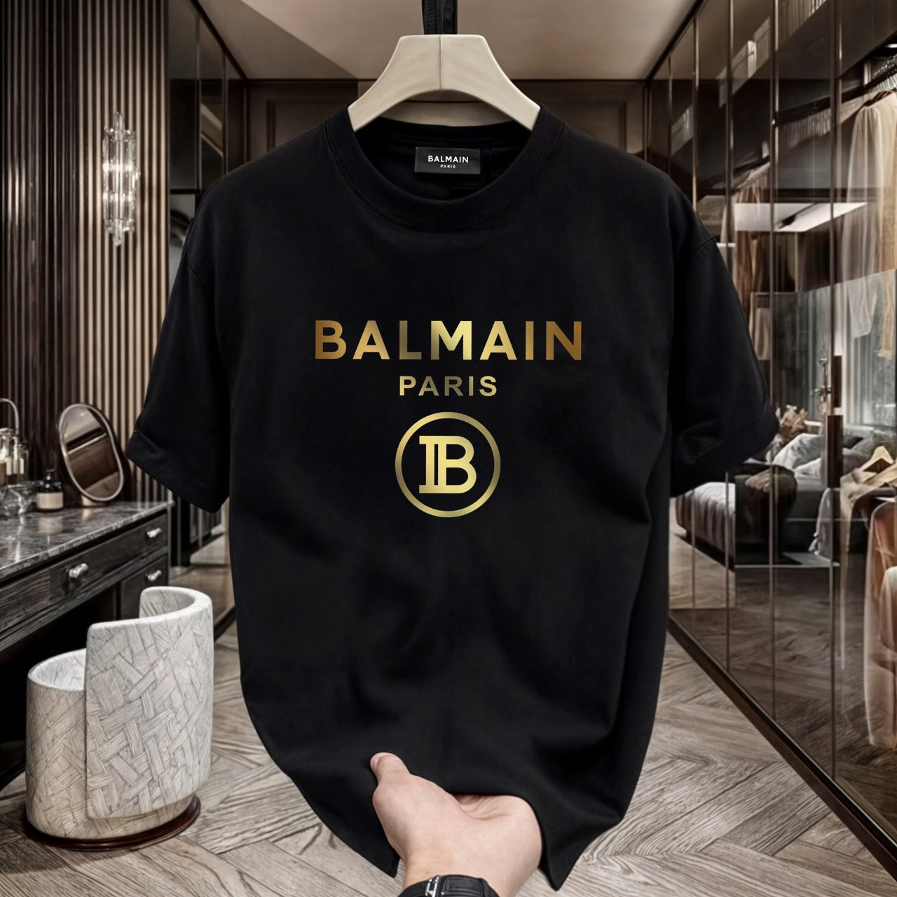 Men's Premium Selling T-Shirts (BD-SMALL AX WHITE+BALMAIN GOLD)