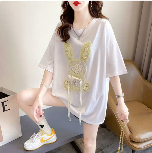 Imported Women T-Shirt (Guggi Black + Yellow Flower Bear)