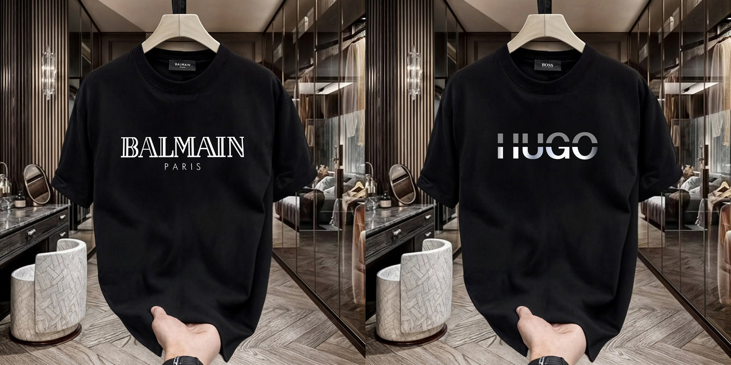 Men's Premium Selling T-Shirts (BD-BALMAIN WHITE+HUGO SILVER)